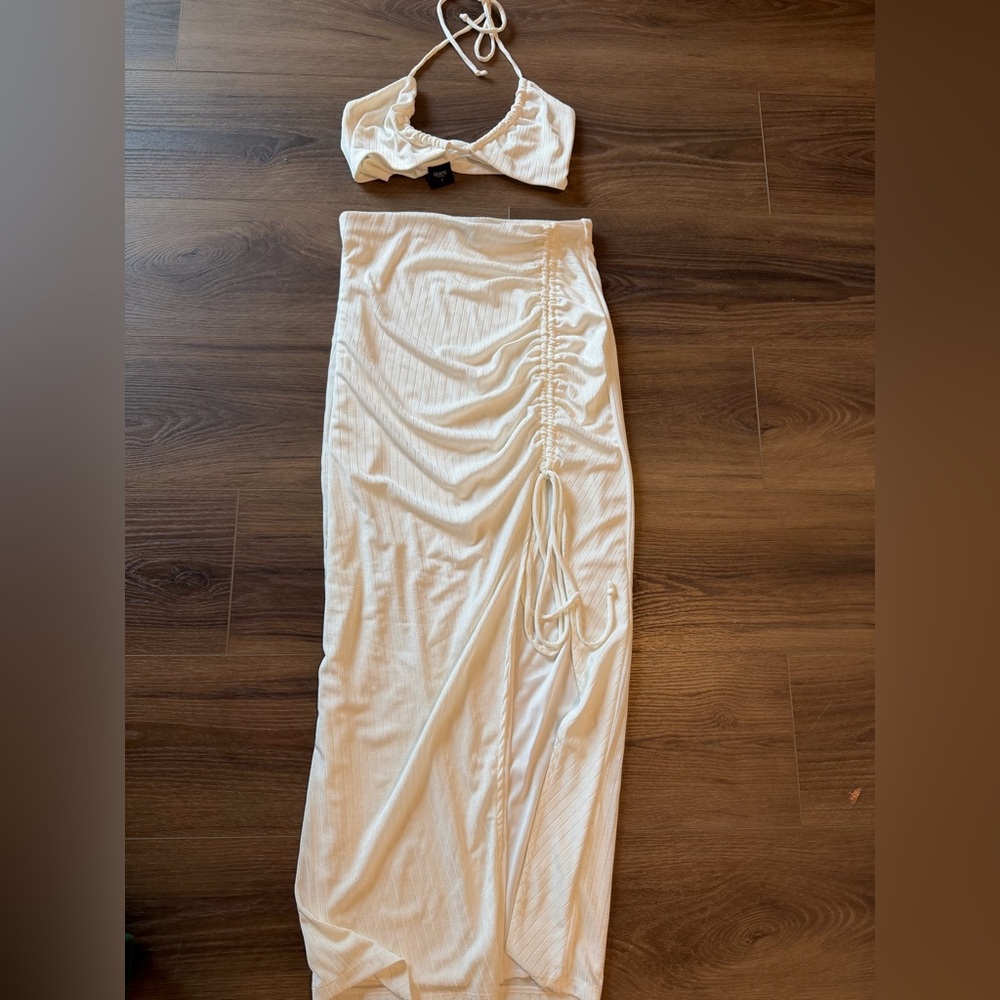 12th Tribe Cream Skirt Set with Ruched Detail